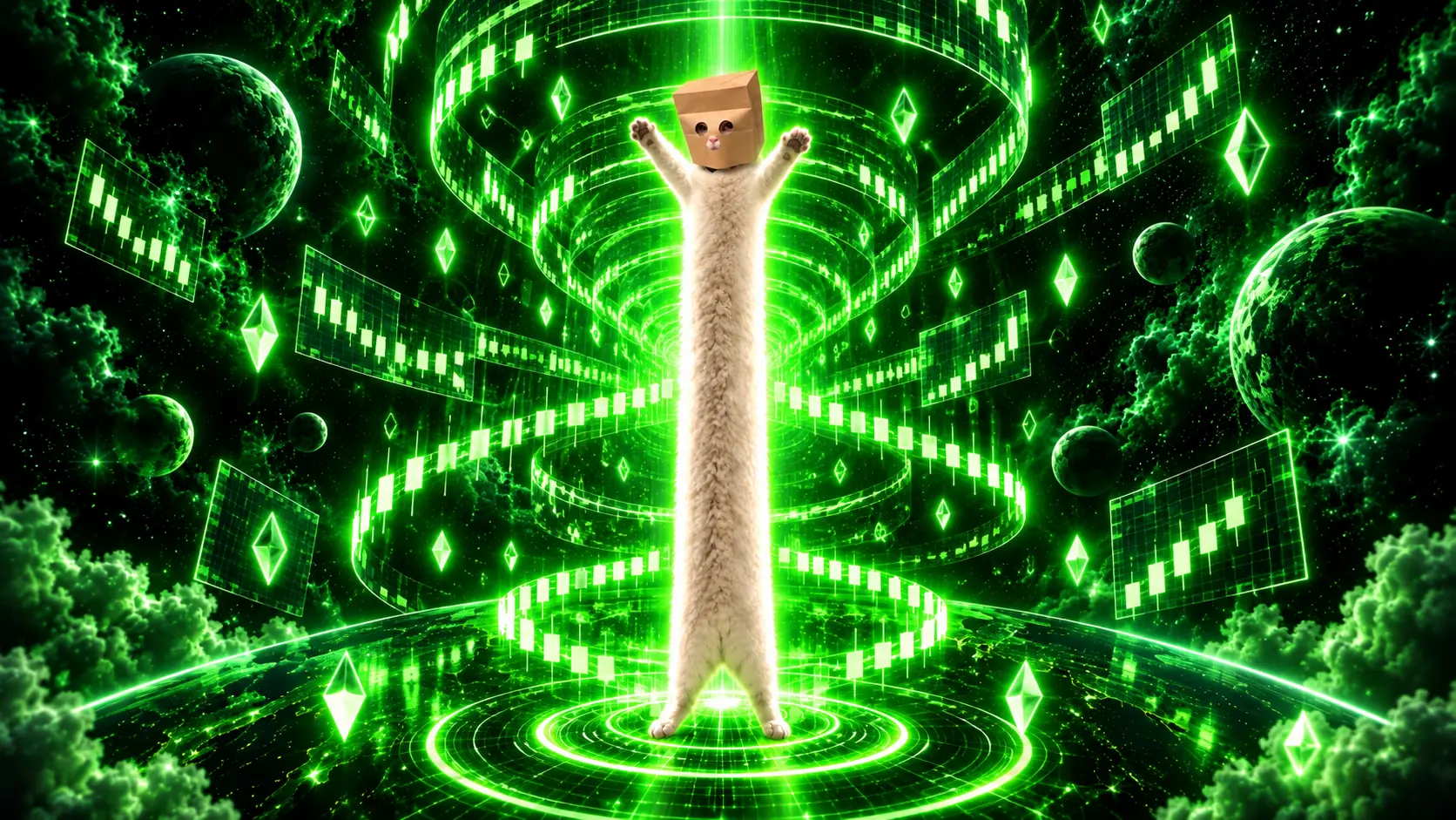 Looong Anonymous Cat inside an infinite tunnel of glowing charts