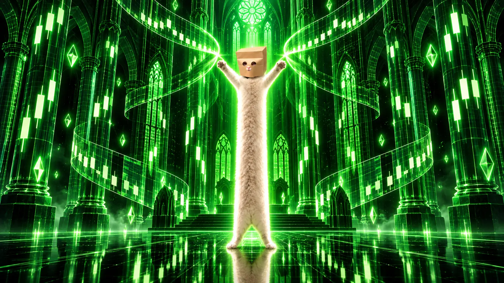 Looong Anonymous Cat in a neon data cathedral
