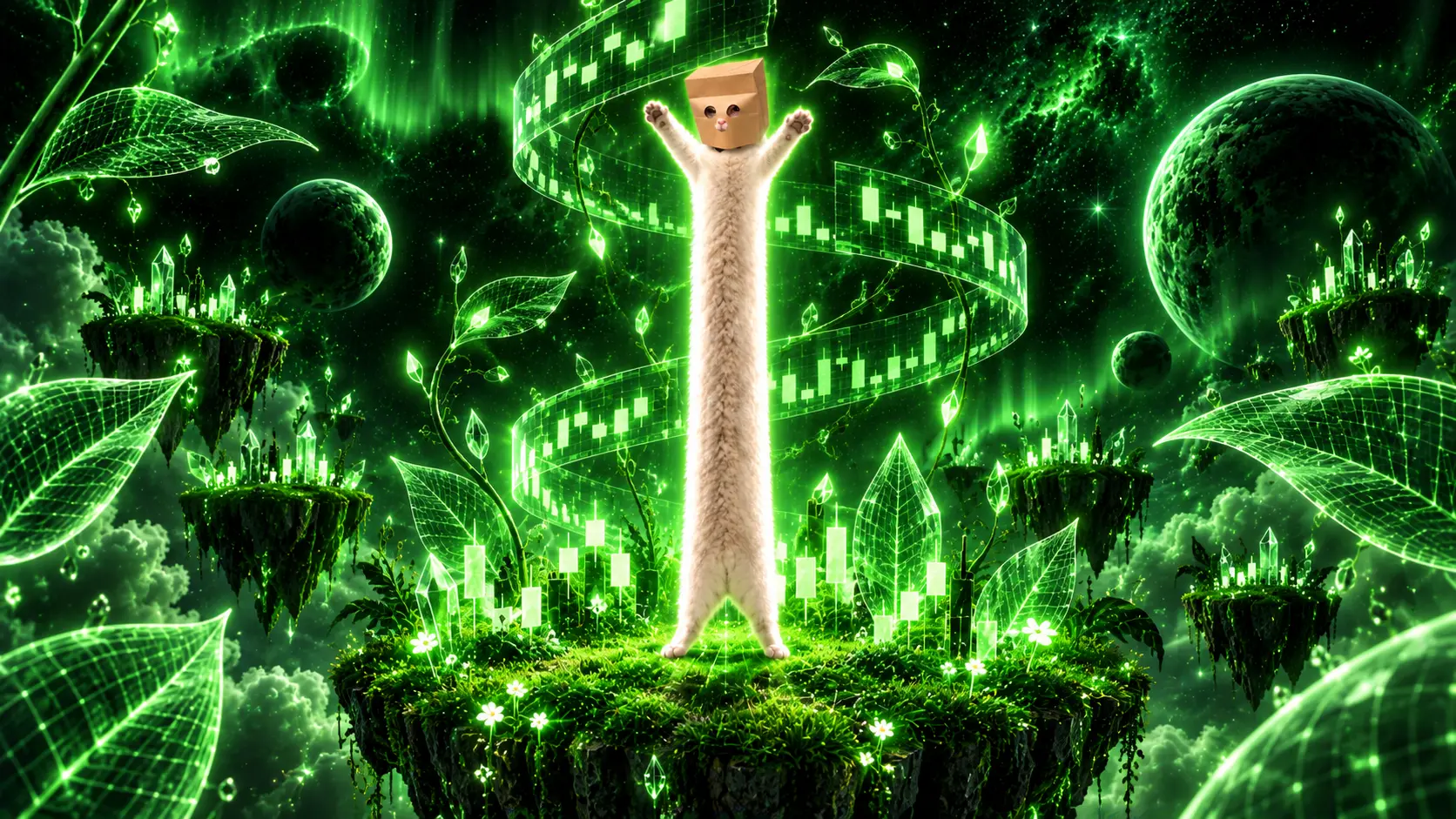 Looong Anonymous Cat in an orbiting chart garden