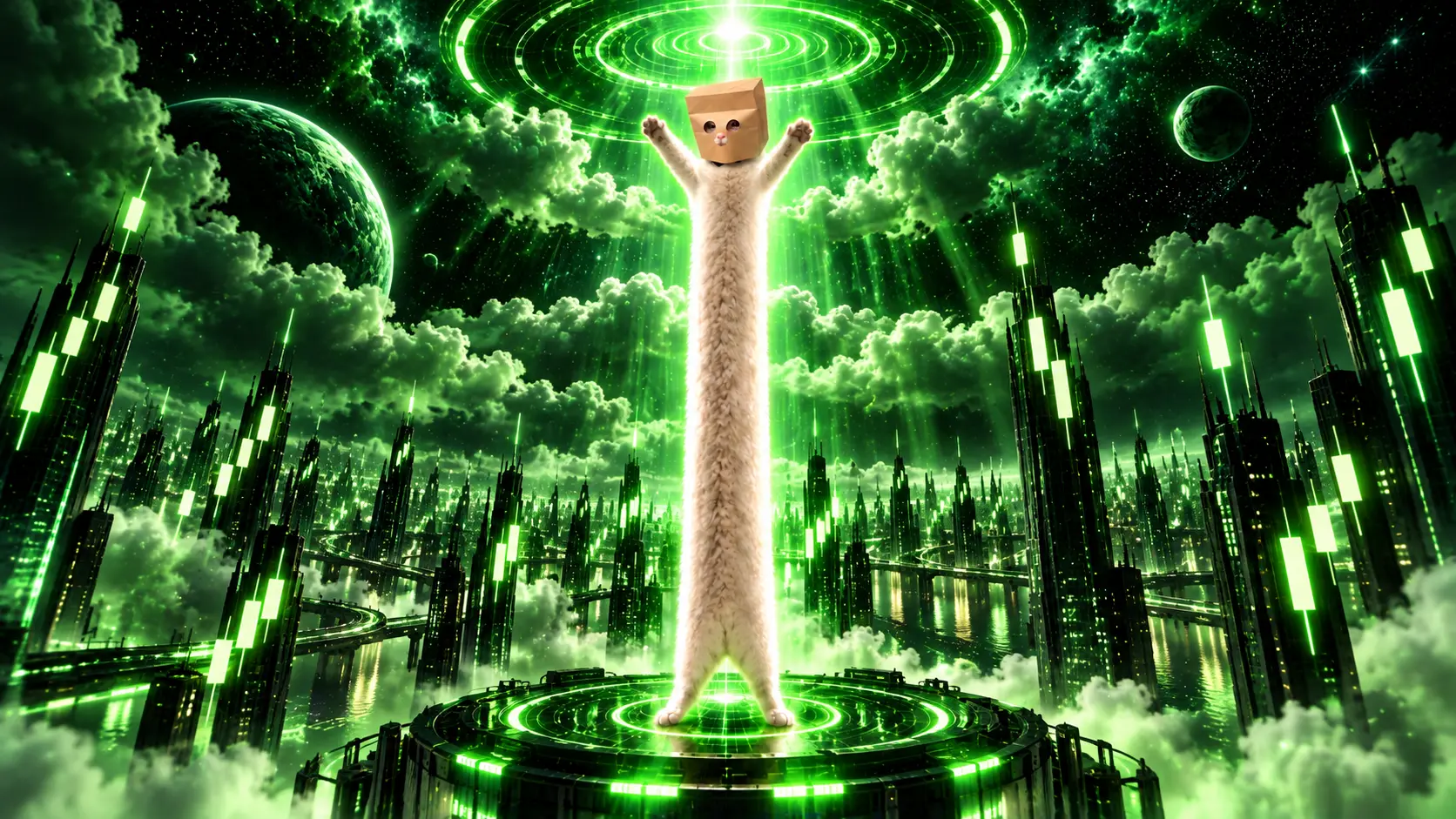 Looong Anonymous Cat above a futuristic candlestick city